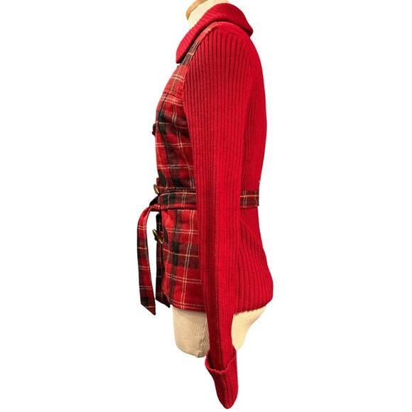 Vtg Sweater Coat Coatigan Wool Blend Toggle Plaid Belted S Red Preppy Academia - Picture 2 of 9